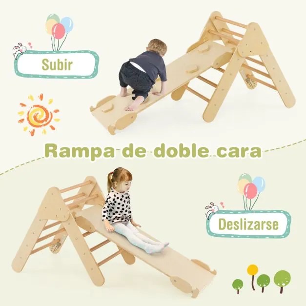 Triângulo de trepar em madeira 4 em 1 para crianças Jogo de trepar com triângulo/arco/alça para deslizar ou trepar Montessori Natural