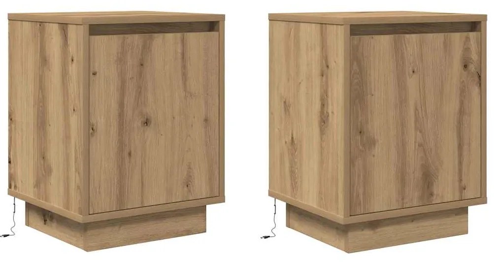 Mesas cabeceira c/ luzes LED 2pcs 38x34x50cm carvalho artesanal