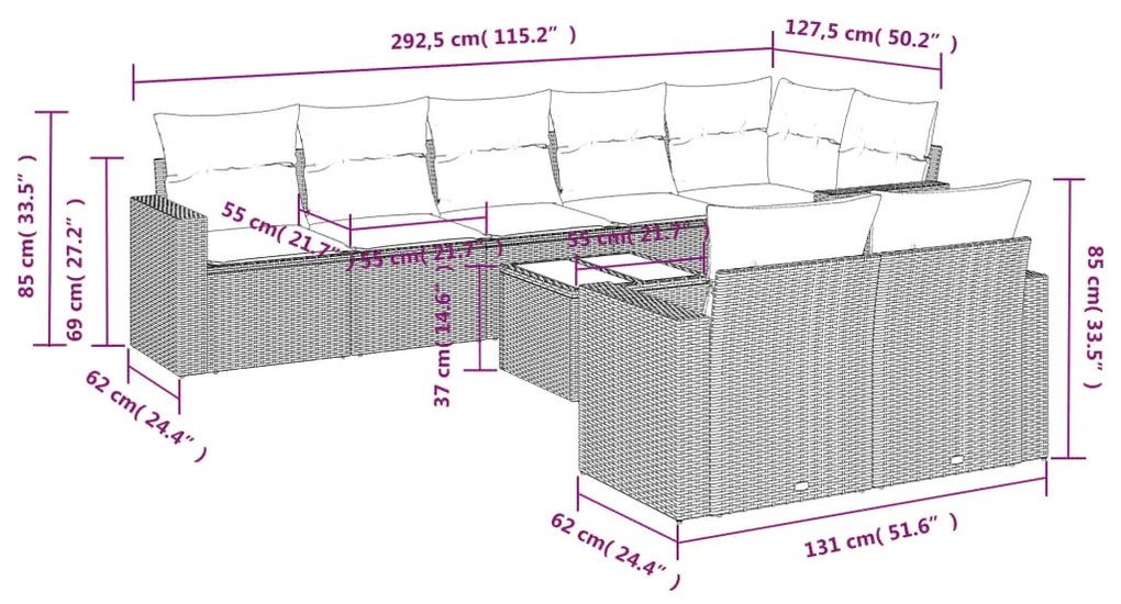 9 pcs conjunto sofás p/ jardim c/ almofadões vime PE castanho