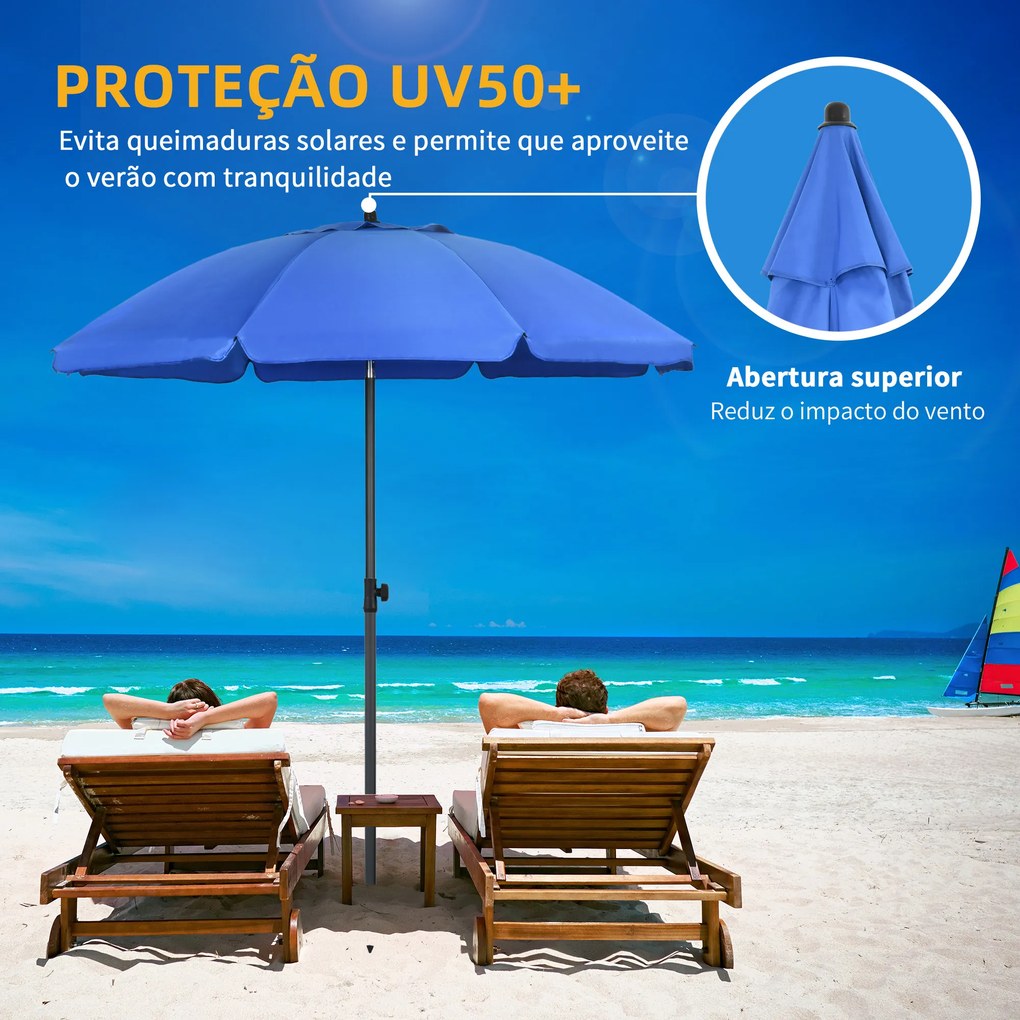 Chapéu de Sol de Praia Grande Ø180 cm Chapéu de Sol de Exterior com Ângulo Ajustável Proteção UV50+ Mastro de Ø32 mm Azul