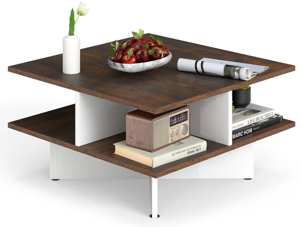 Mesa de centro quadrada 60 x 60 x 32,5 cm de 2 níveis com 4 compartimentos de armazenamento Base em forma de cruz Castanho rústico