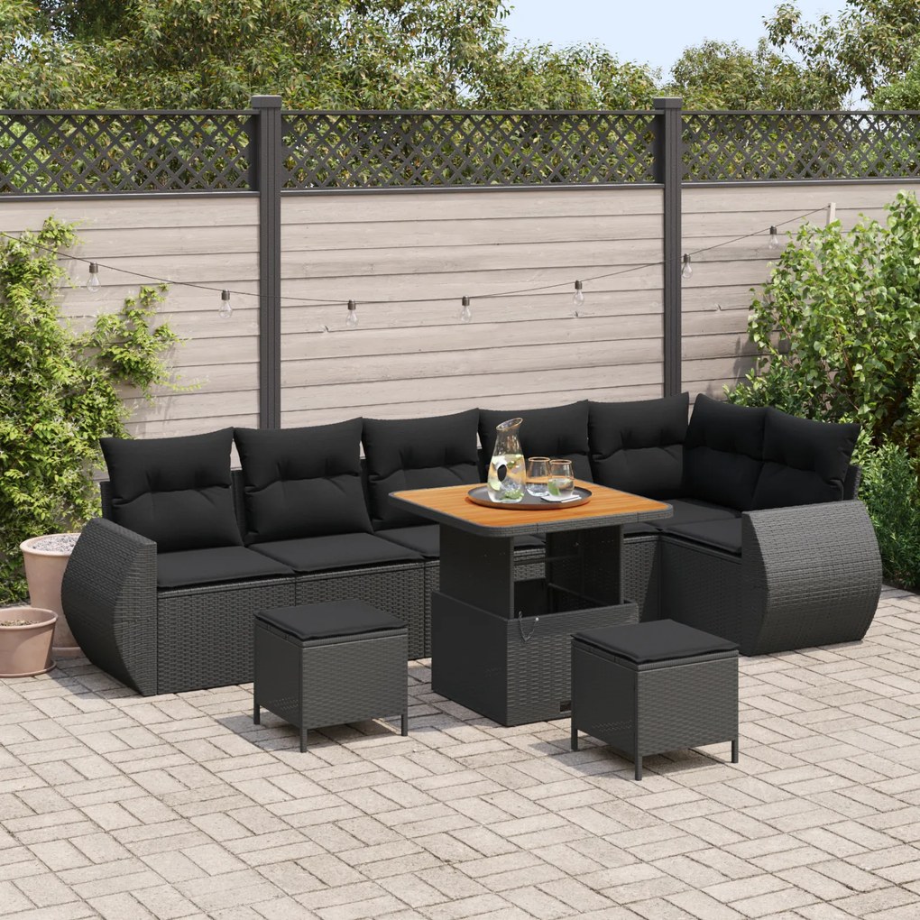 Conjunto de Sofá de Jardim de 9 Peças com Almofadas Preto Rattan Polié