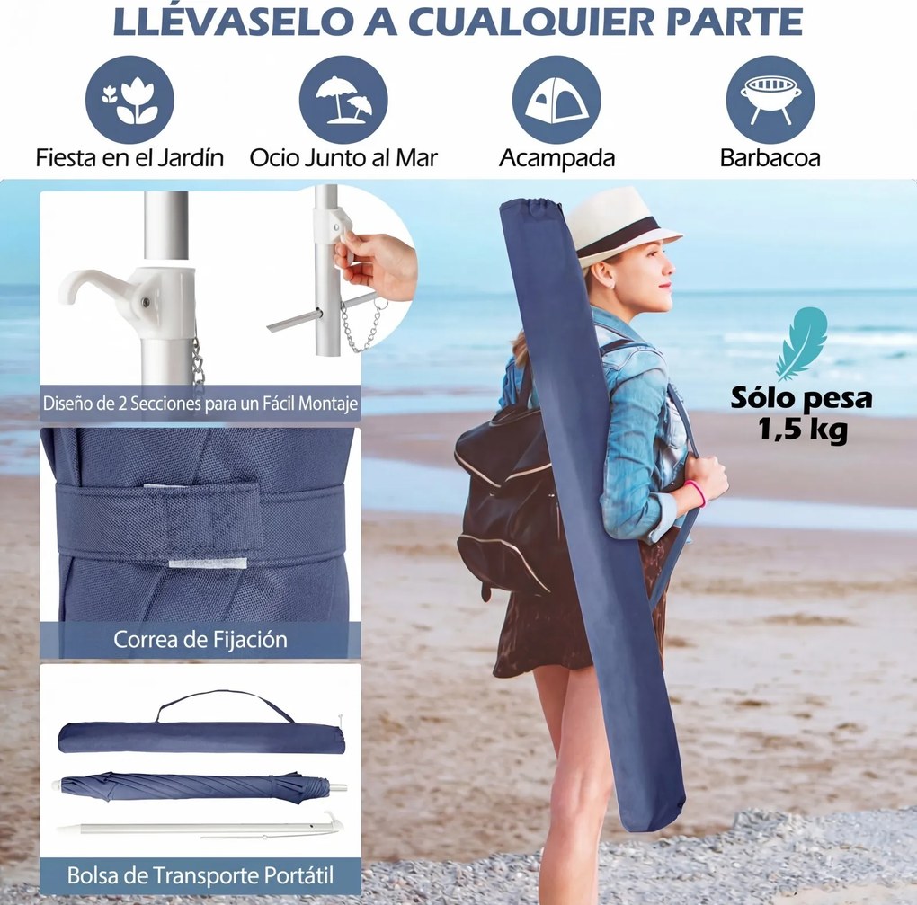 Guarda-sol de praia portátil 178 x 206 cm com inclinação ajustável e bolsa de transporte para jardim, pátio e exterior azul escuro