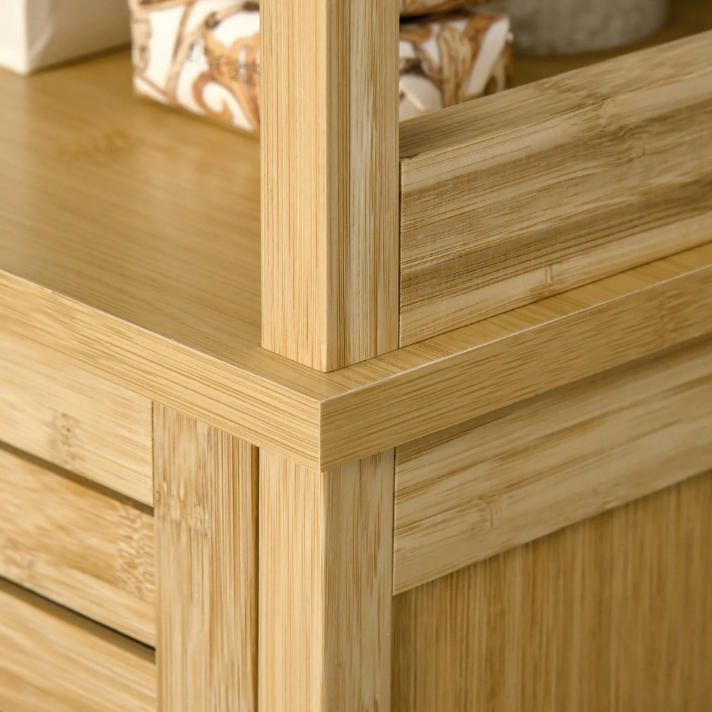 kleankin Coluna Casa de Banho de Bambú Coluna Alta para Casa de Banho com 3 Prateleiras e 1 Porta Móvel de Armazenamento para Sala de Estar Cozinha 34x30x173cm Natural