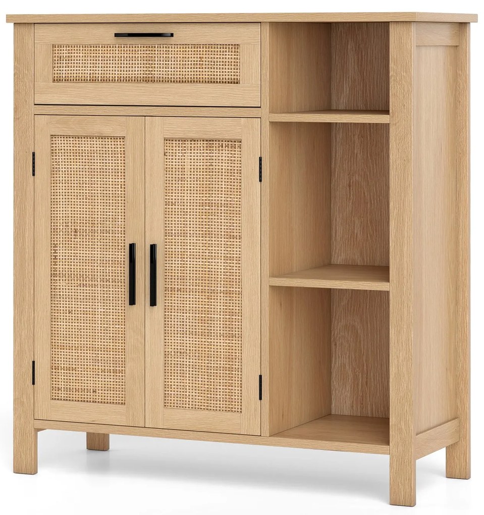 Aparador de vime com prateleira ajustável de 3 vias e armário decorativo estilo buffet boho de 2 portas, natural