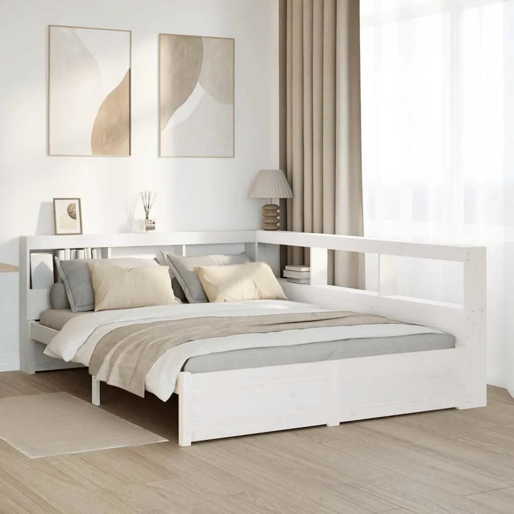 vidaXL Cama com estante sem colchão 150x200 cm pinho maciço branco
