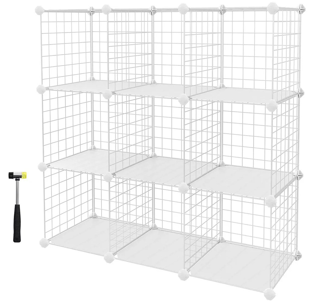 Rack de armazenamento de fio de metal de 9 cubos SONGMICS, estante interligada com prateleiras de fio de metal, folhas de plástico PP para livros, sapatos, brinquedos, ferramentas de roupas, na sala de estar, 93 x 31 x 93 cm, branco LPI115W