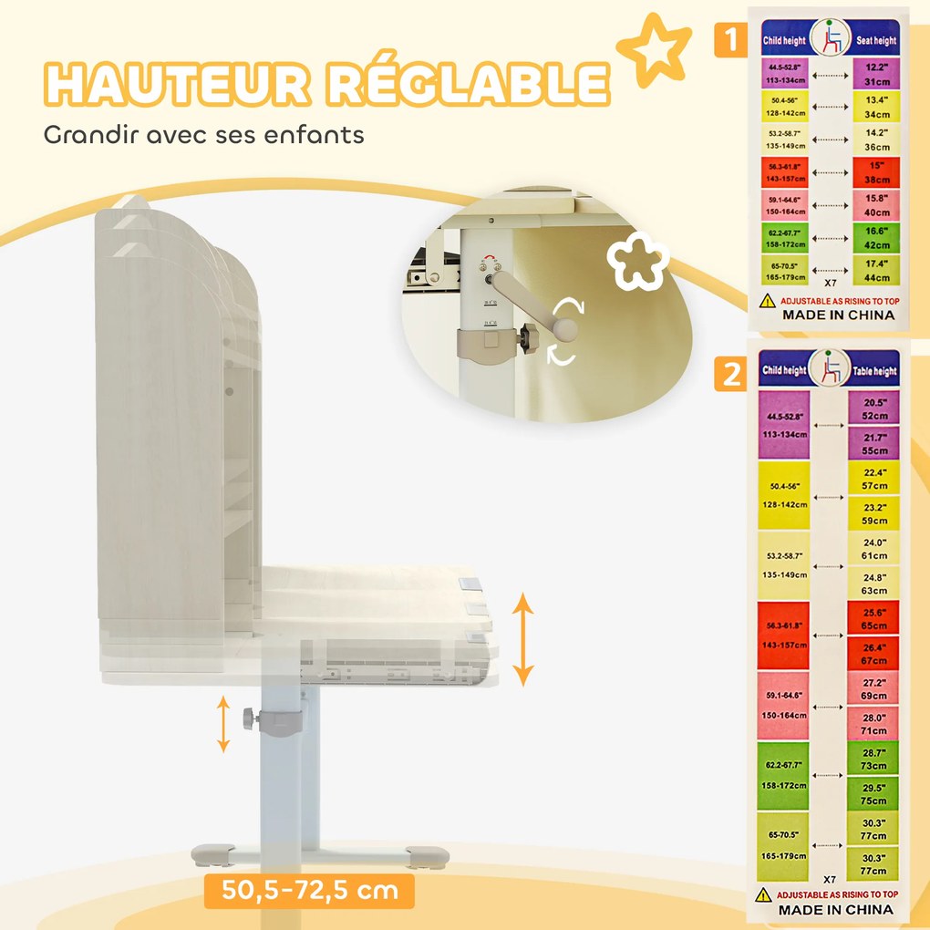Secretária para crianças, secretária de estudo com altura regulável e tampo inclinável, 80 x 51 x 108,5-130,5 cm, natural