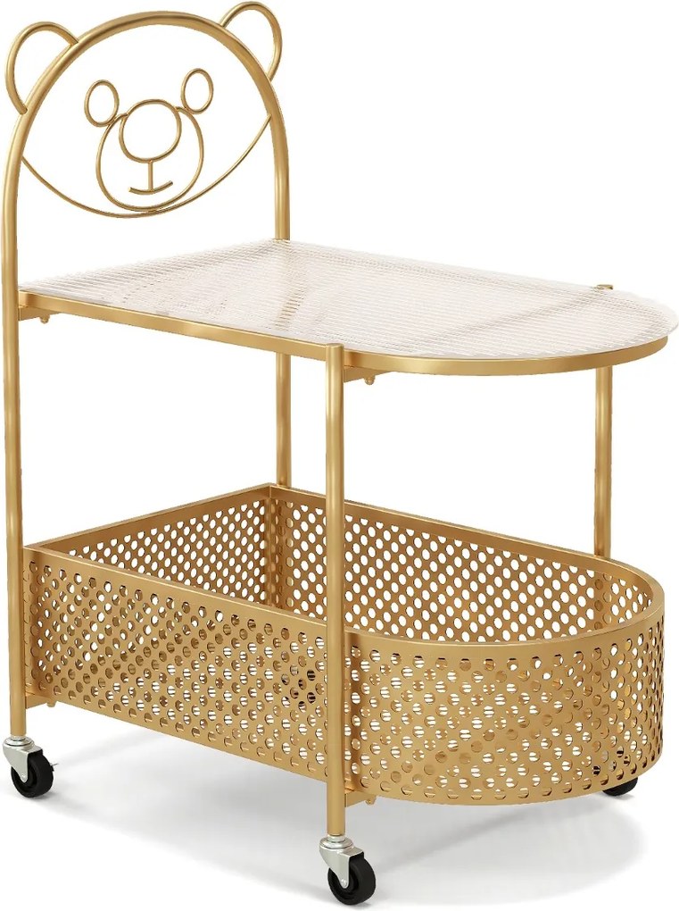 Mesa de centro de vidro móvel Mesa de apoio moderna de 2 níveis com padrão de urso Rodas de cesto de metal para sala de estar Dourada