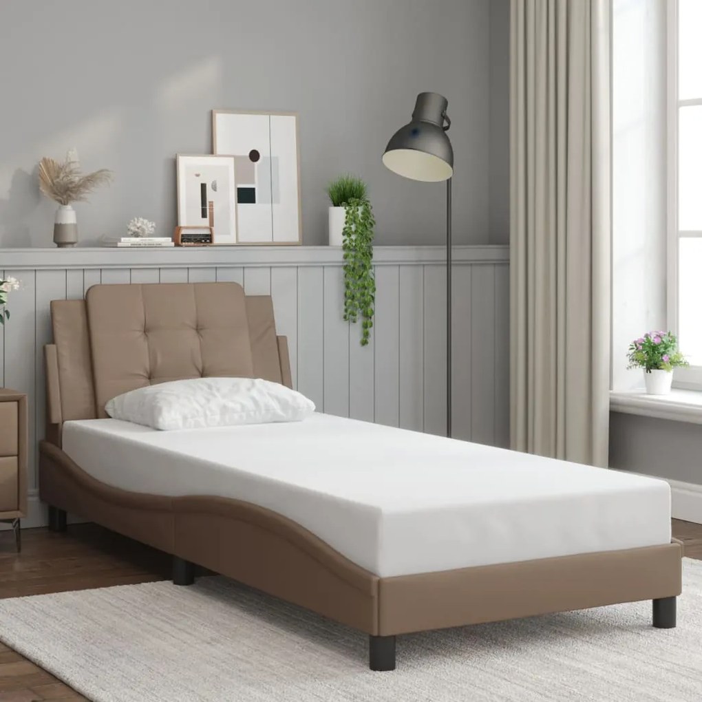 Estrutura de cama c/ luzes LED 90x200cm couro artif. cappuccino