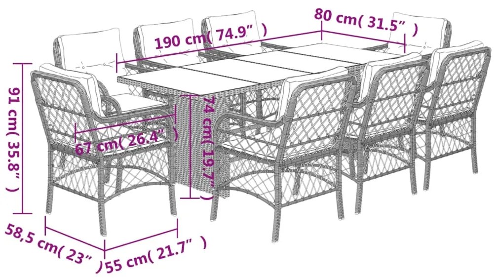 9 pcs conjunto jantar p/ jardim c/ almofadões vime PE castanho