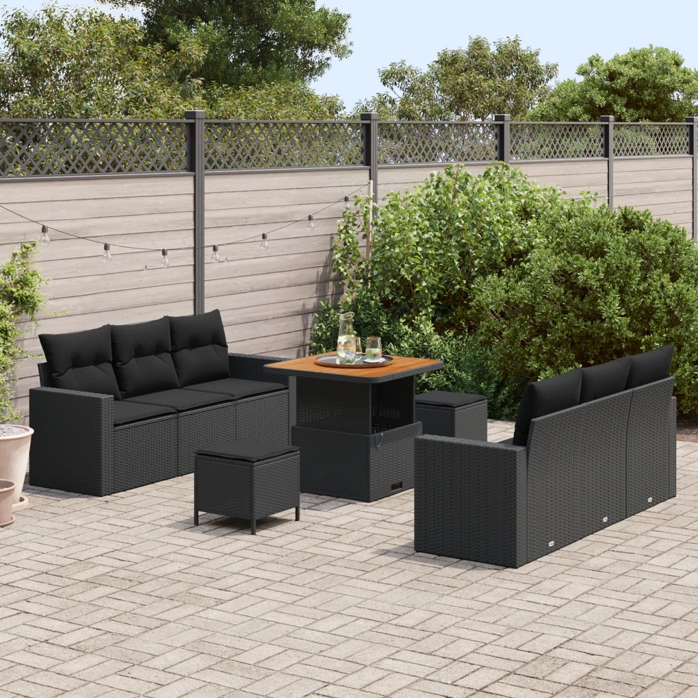 Conjunto de Sofá de Jardim de 9 Peças com Almofadas Pretas Vime Poliés