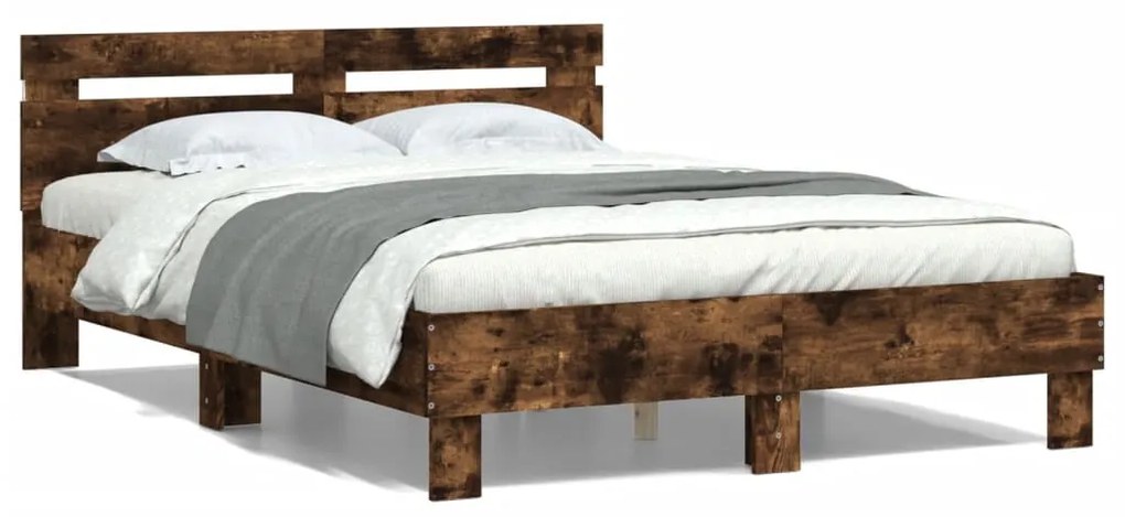 vidaXL Estrutura cama c/ cabeceira/luzes LED 120x190cm carvalho fumado