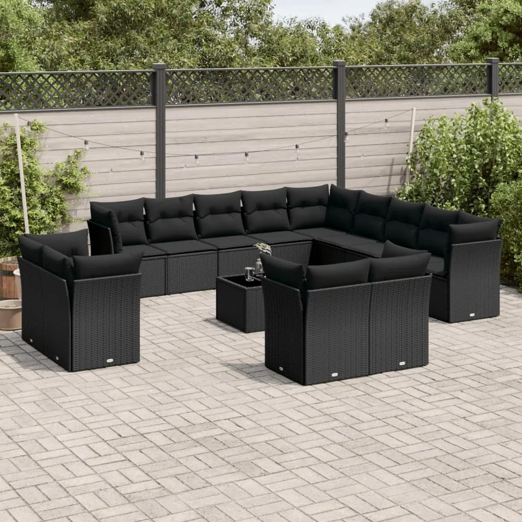 vidaXL 14 pcs conjunto de sofás p/ jardim c/ almofadões vime PE preto
