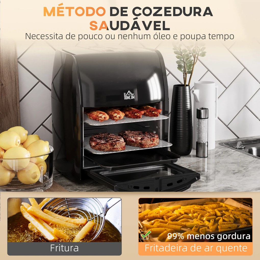 Fritadeira sem Óleo 3 em 1 12L Forno de Ar Desidratador com 8 Programas Função de Iluminação Ecrã Digital Janela 35x33,5x40 cm Preto