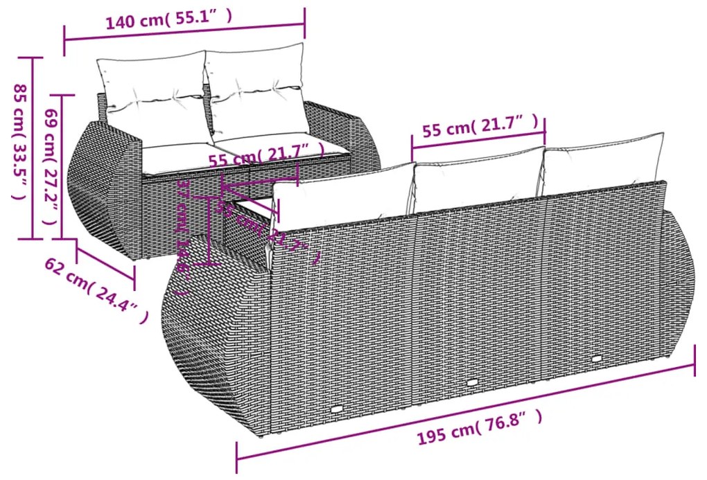 6 pcs conjunto de sofás p/ jardim com almofadões vime PE bege