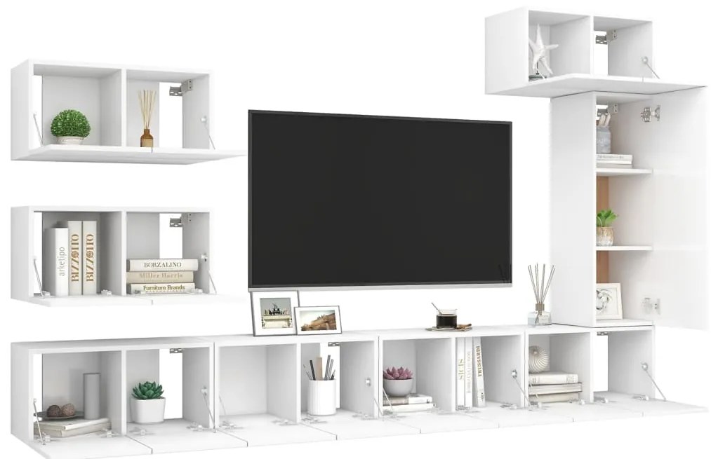 8 pcs conjunto de móveis de TV derivados de madeira branco