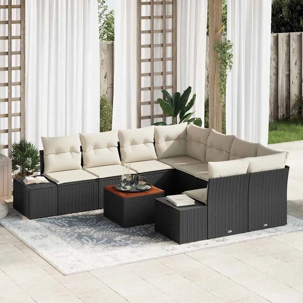 vidaXL Conjunto de Sofá de Jardim com almofada 9 pcs Preto vime PE