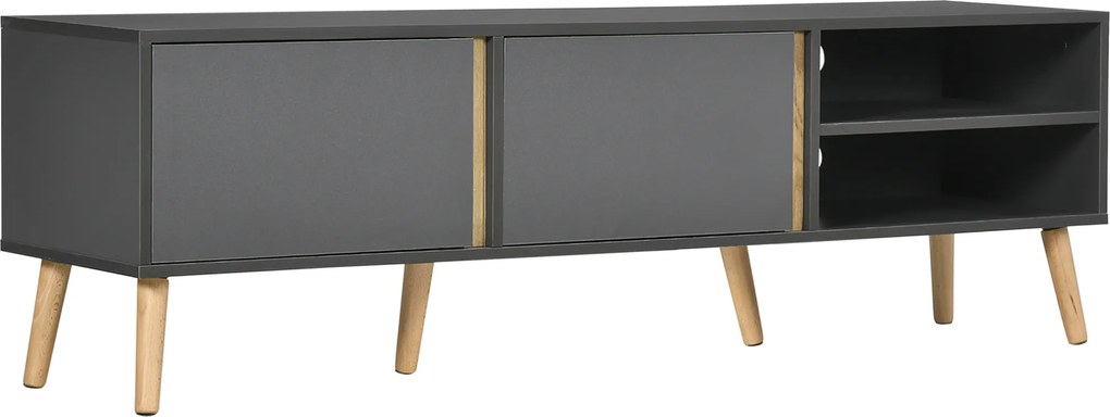 Móvel de TV para televisores até 55 polegadas, estilo escandinavo, com 2 portas e 2 nichos, com passadores de cabos, 150 x 35 x 45 cm, cinzento escuro