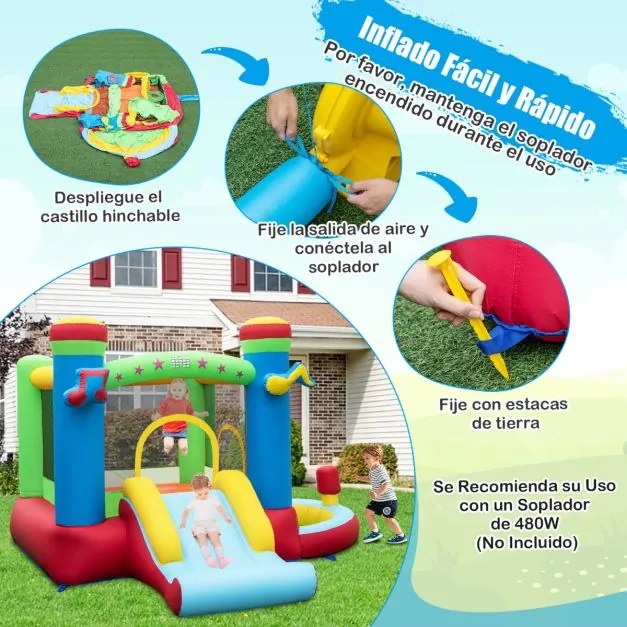 Castelo insuflável para crianças com tema musical com escorrega (SEM COMPRESSOR) Área de salto Cesto de basquetebol Piscina de bolas Área de boxe de j