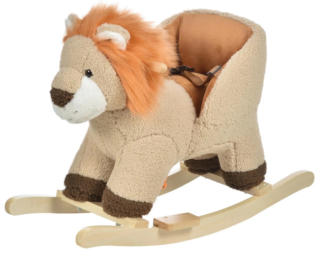 HOMCOM Baloiço Infantil em Forma de Leão de Pelúcia para Bebés 18-39 Meses com Som Cinto de Segurança Guidão Apoio para os Pés 68x35x50cm Marrom