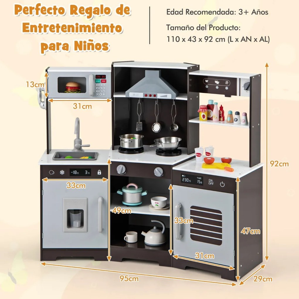 Cozinha de brincar em madeira para crianças com exaustor, exaustor de gelo, lava-loiça, torneira, forno de micro-ondas Castanha