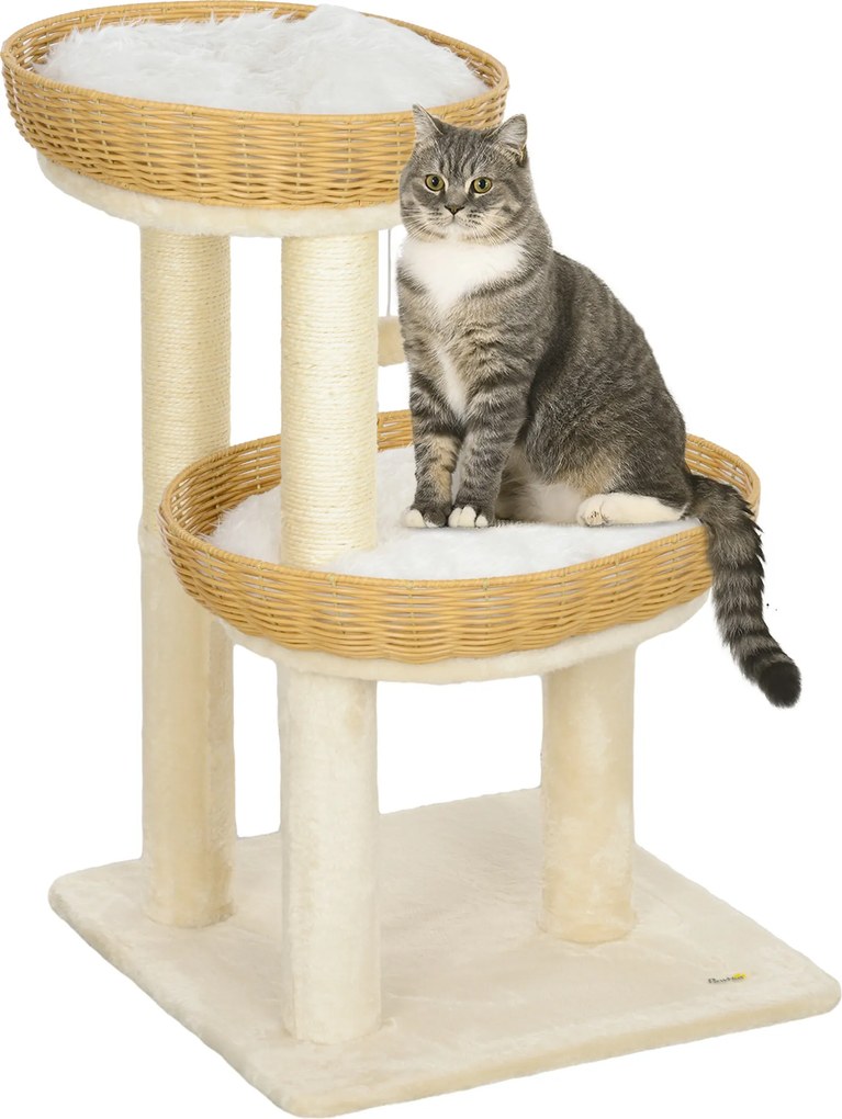 Arranhador para gatos com 75,5 cm de altura, com duas camas para gatos em rattan, arranhadores e almofadas laváveis em bege