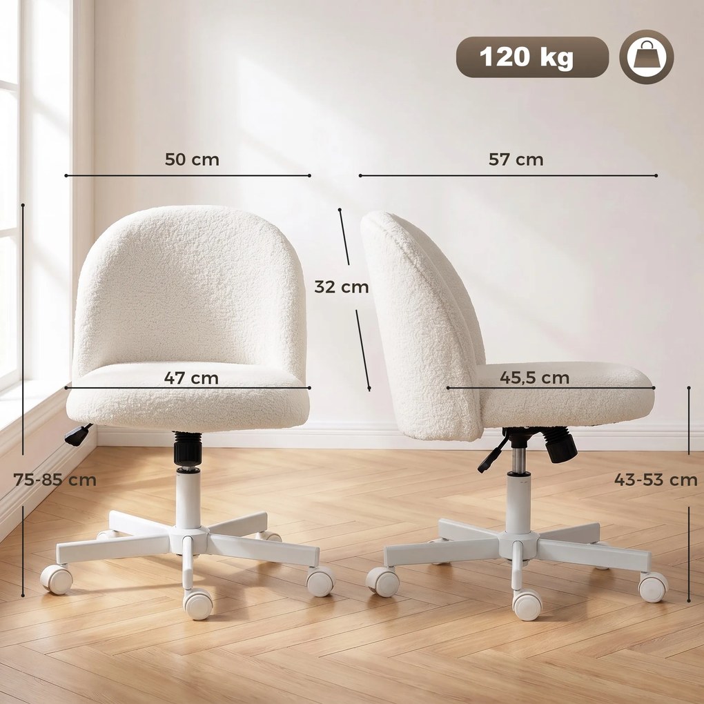 Cadeira de escritório ergonómica, reclinável em tecido bouclé sem braços, altura ajustável, creme