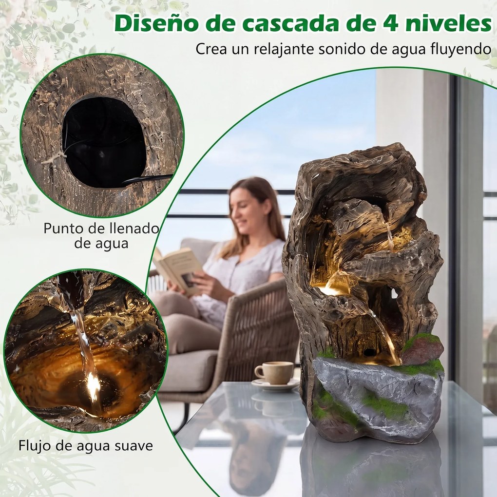 Fonte de Jardim em Cascata, 30,5 x 26 x 53 cm, 4 Níveis com Iluminação LED, Natural