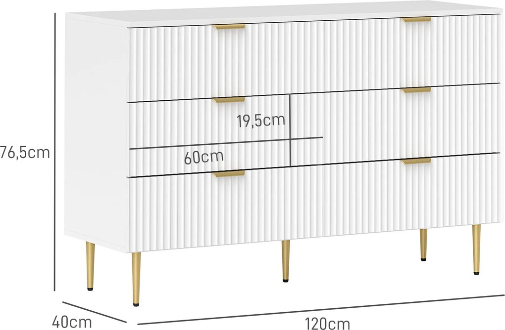 Cómoda de 6 gavetas 120 x 40 x 76,5 cm, para quarto, móvel de arrumação moderno com puxadores e pés dourados, branca