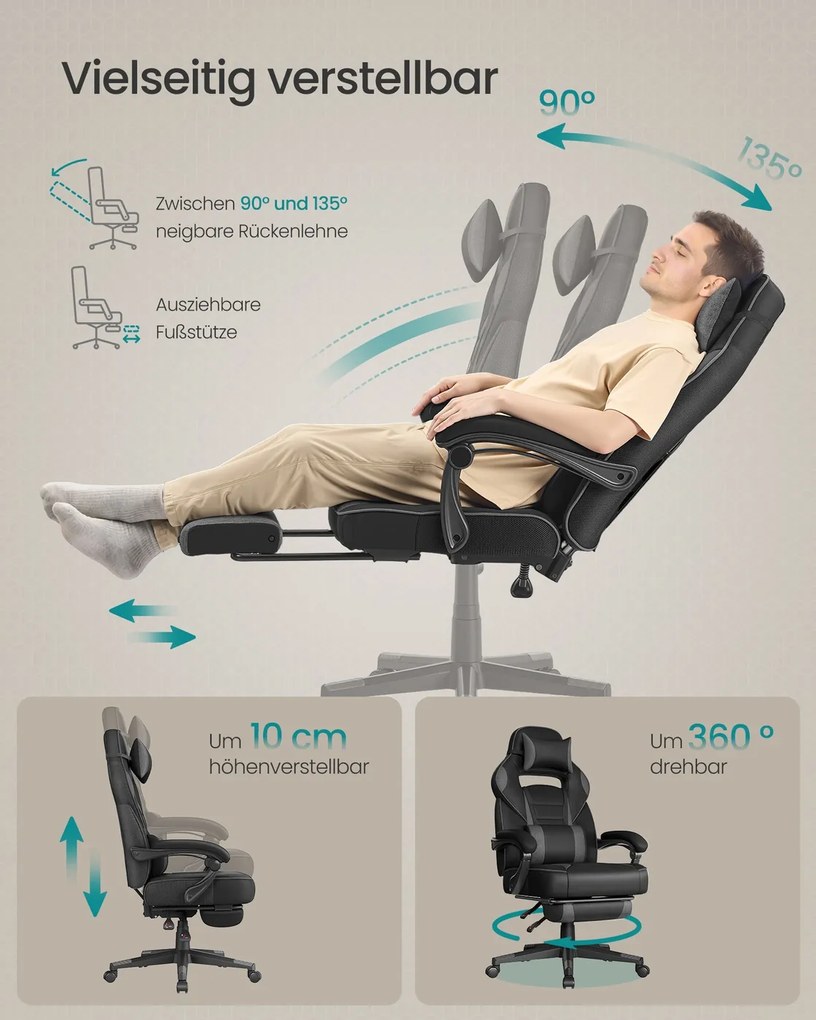 Cadeira gaming com apoio para os pés, apoio para a cabeça e almofada lombar, preto e cinza-ardósia