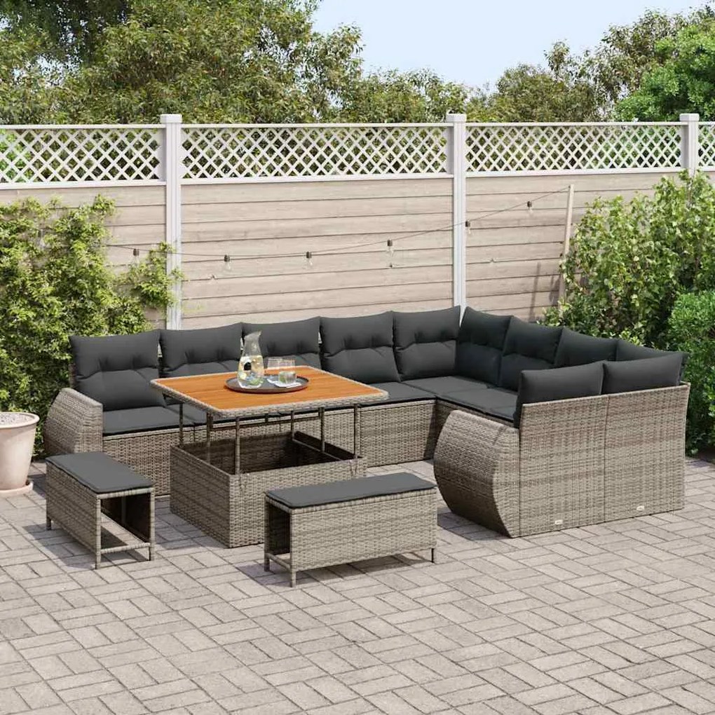 Conjunto de Sofá de Jardim vidaXL de 12 Peças com Almofadas Cinza Poli