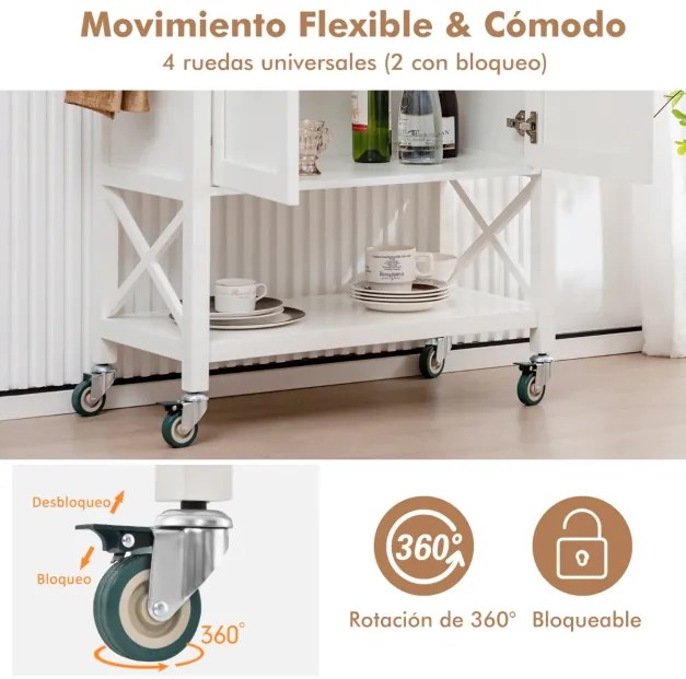 Carrinho de cozinha móvel com armário de arrumação, toalha e prateleira para especiarias Mesa de ilha para cozinha, bar e sala de jantar 100 x 38 x 87