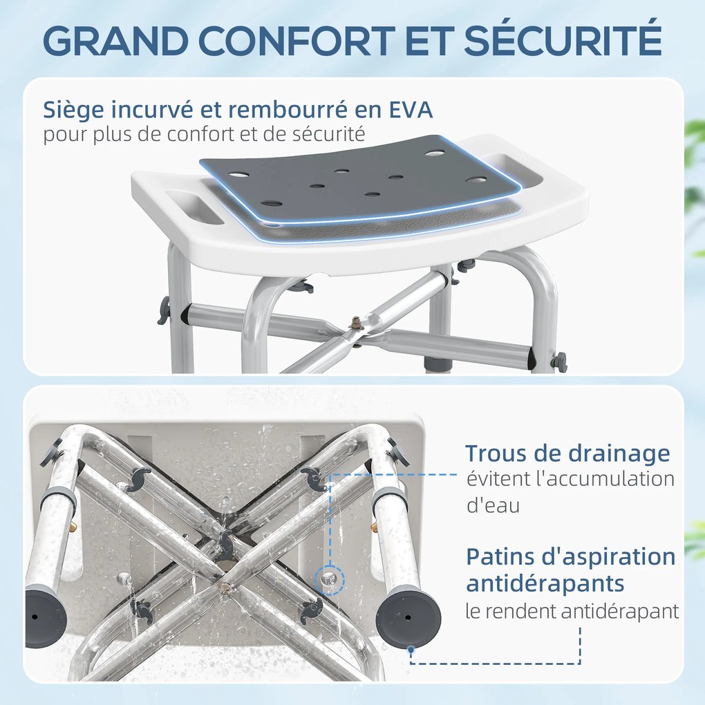 Banco de duche 42,5 L x 27 P x 44-51,5 A cm assento almofadado e ajustável, pés com ventosas antiderrapantes, em alumínio cinzento