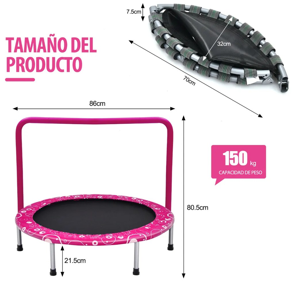 Trampolim dobrável de 92 cm para crianças Mini trampolim com cobertura de segurança interior almofadada Rosa