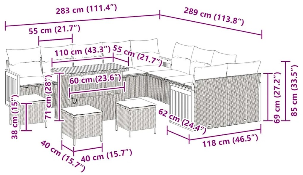 Conjunto de Sofa de Jardim vidaXL com Almofadas 14 Peças Bege Poly Rat