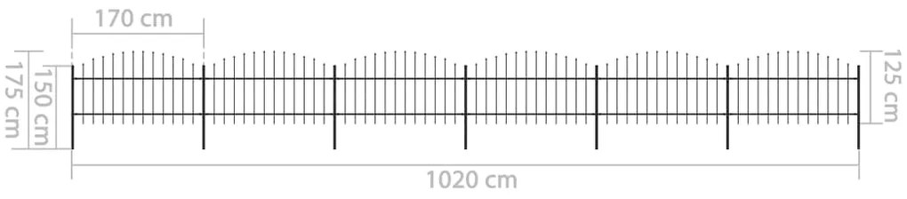 Cerca de jardim com topo em lanças (1-1,25)x10,2 m aço preto