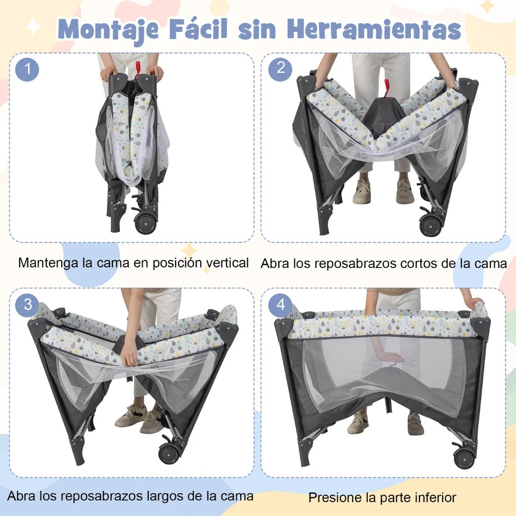 Parque portátil 4 em 1, berço dobrável para viagem com colchão removível e mudança de música, 102 x 72 x 74 cm Bege