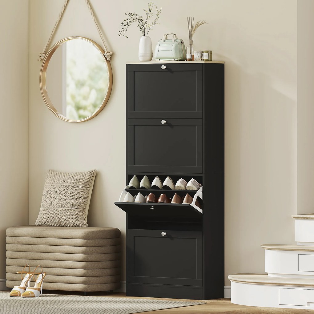 Sapateira com capacidade para 24 pares 60 x 23,5 x 153 cm, com 4 gavetas rebatíveis e prateleiras ajustáveis, preto