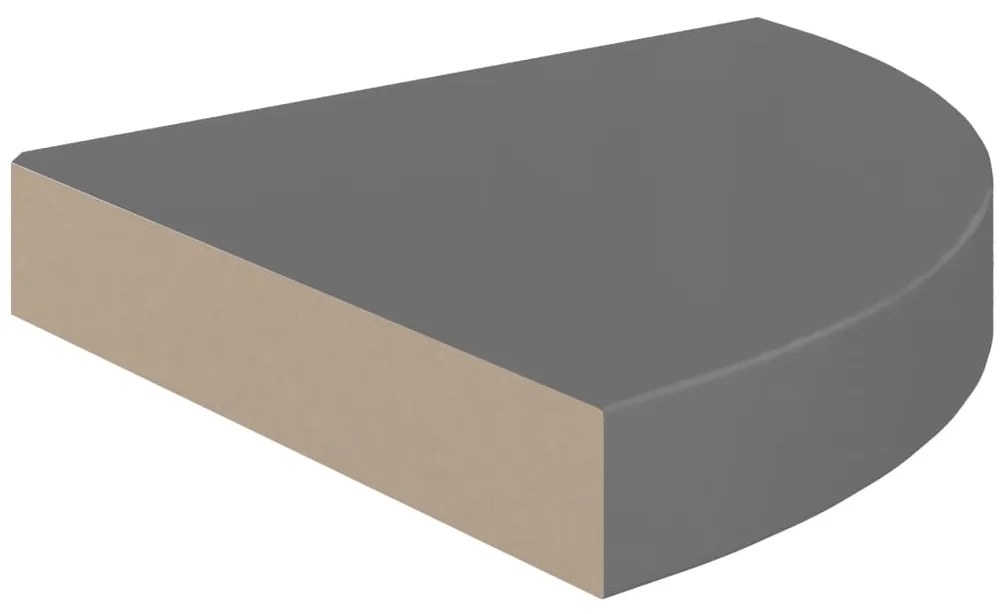 Prateleiras canto suspensas 2 pcs 25x25x3,8cm MDF cinza brilh.