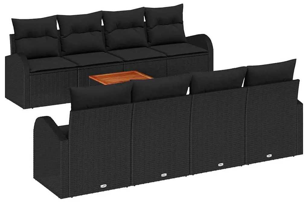 Conjunto de Sofá de Jardim de 9 Peças com Almofadas Pretas e Rattan Si