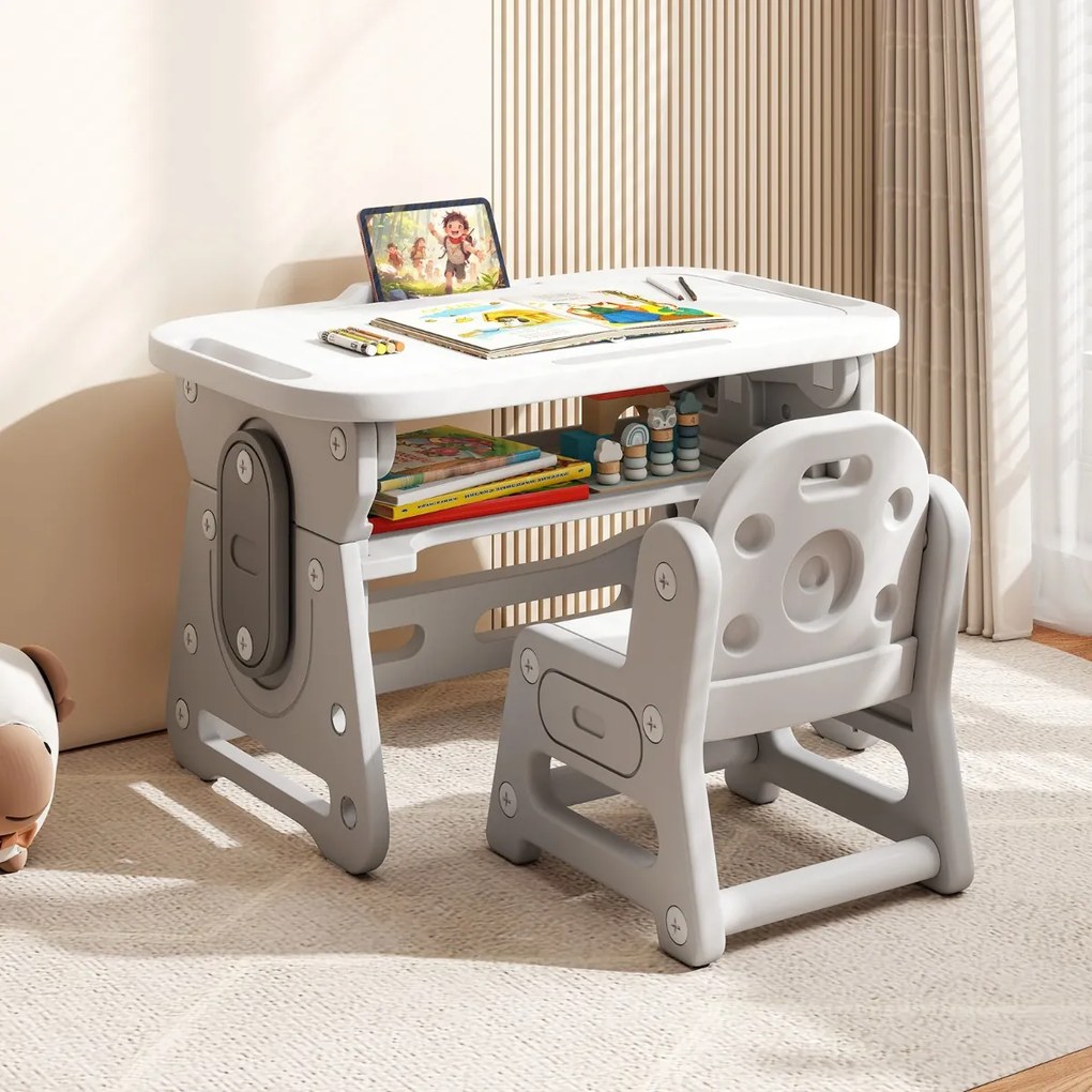 Conjunto de mesa e cadeira para crianças com quadro negro inclinado, suporte para livros e prateleira côncava para maiores de 3 anos, cinza