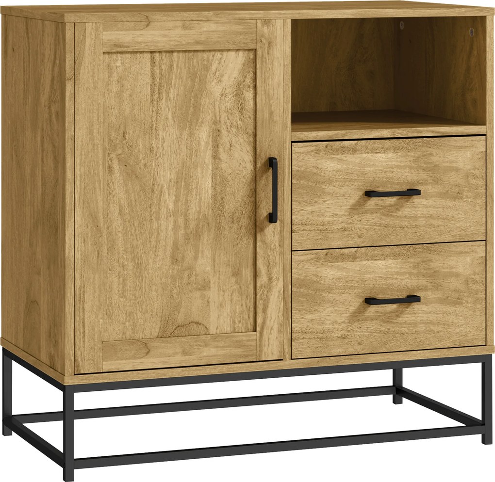 HOMCOM Aparador de Arrumação para Sala com 2 Gavetas Compartimento Aberto e Prateleira Ajustável 80x40x78 cm Natural | Aosom Portugal