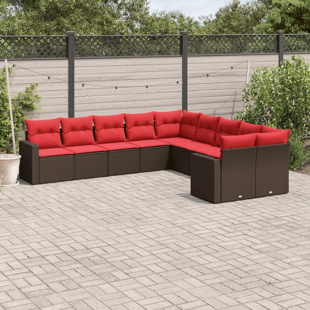 vidaXL 10 pcs conj. sofás jardim com almofadões vime PE castanho