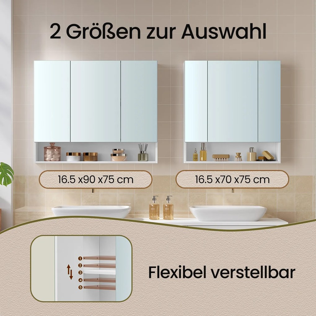 Armário de casa de banho com 3 portas com espelho 16,5 x 70 x 75 cm Branco