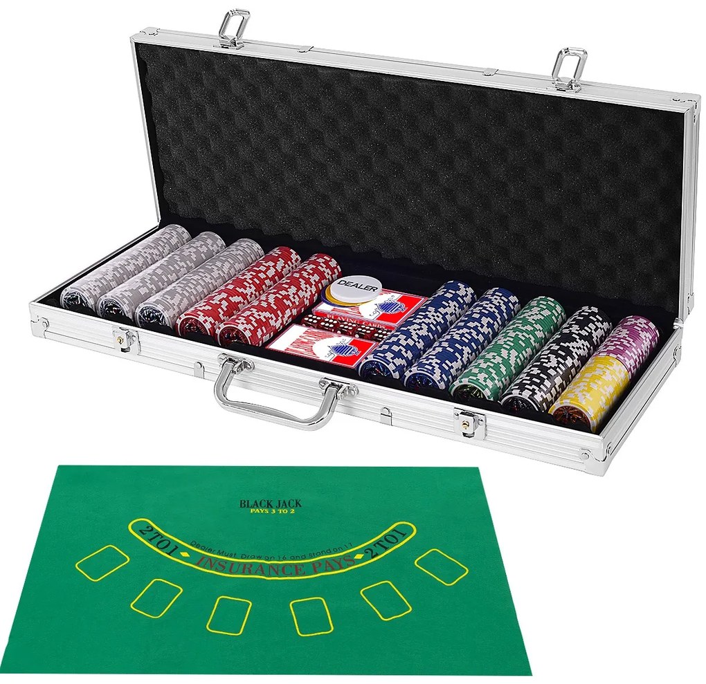 Conjunto com 500 Texas Holdem Poker Chips e Aluminium Blackjack  56 x 20 x 6 cm Prata