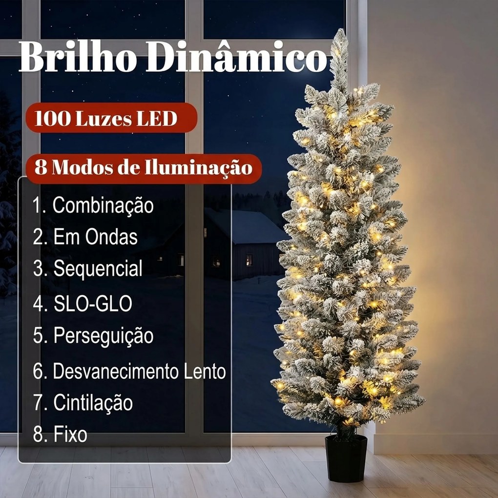 Árvore de Natal Nevada com 100 Luzes LED 120 cm 8 Modos 180 Ramos Verde e Branco