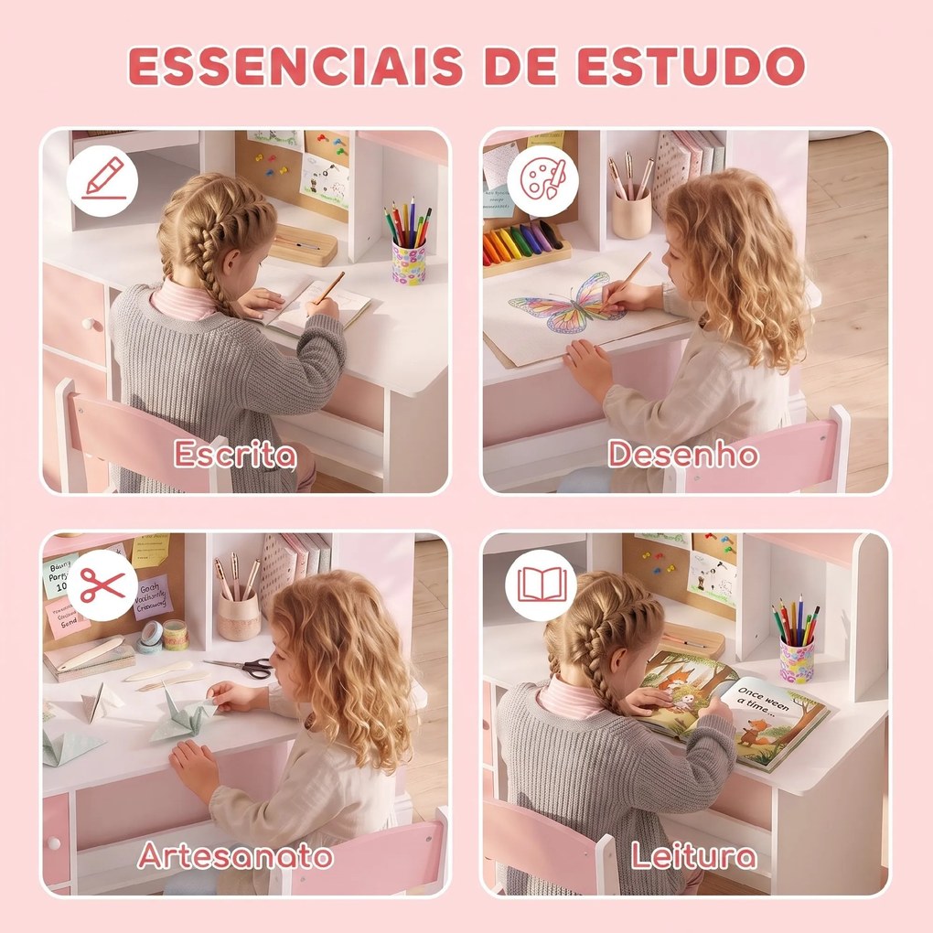 Secretária Infantil com Cadeira, Suporte Ajustável para Tablet, Porta-lápis, Quadro de Cortiça, Estantes e Armários, Rosa