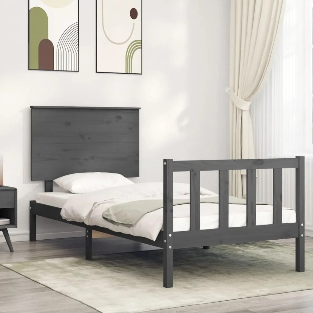 Estrutura cama de solteiro c/ cabeceira madeira maciça cinzento
