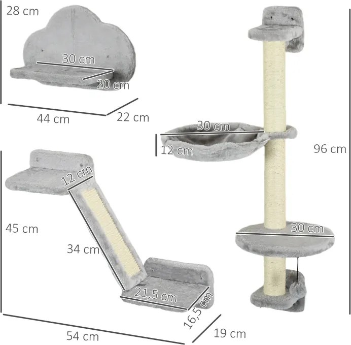 Conjunto de Prateleiras de Escalada para Gatos de 3 Peças com Rede Rampa Arranhador Plataforma em Forma de Nuvem para Saltar Cinzento